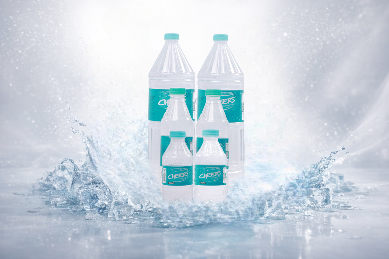 Six Cheers bottles across the range surrounded by ice